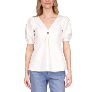 Michael Kors Women Puff Sleeve Ring Cotton Top White Blouse SZ LARGE MSRP $110